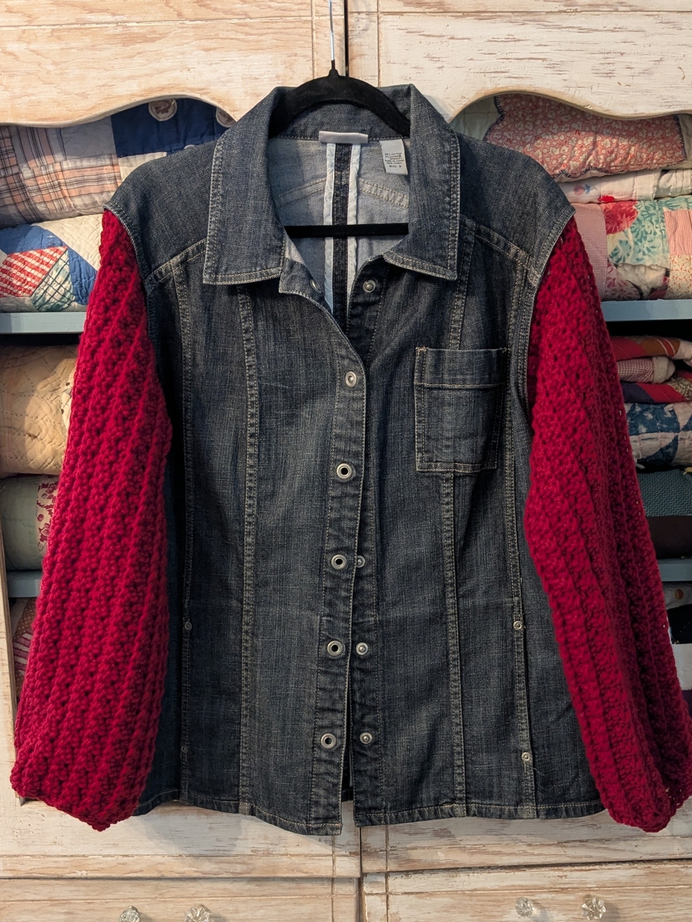 Upcycled Denim Jacket with Chunky Burgundy Hand-Crochet Sleeves